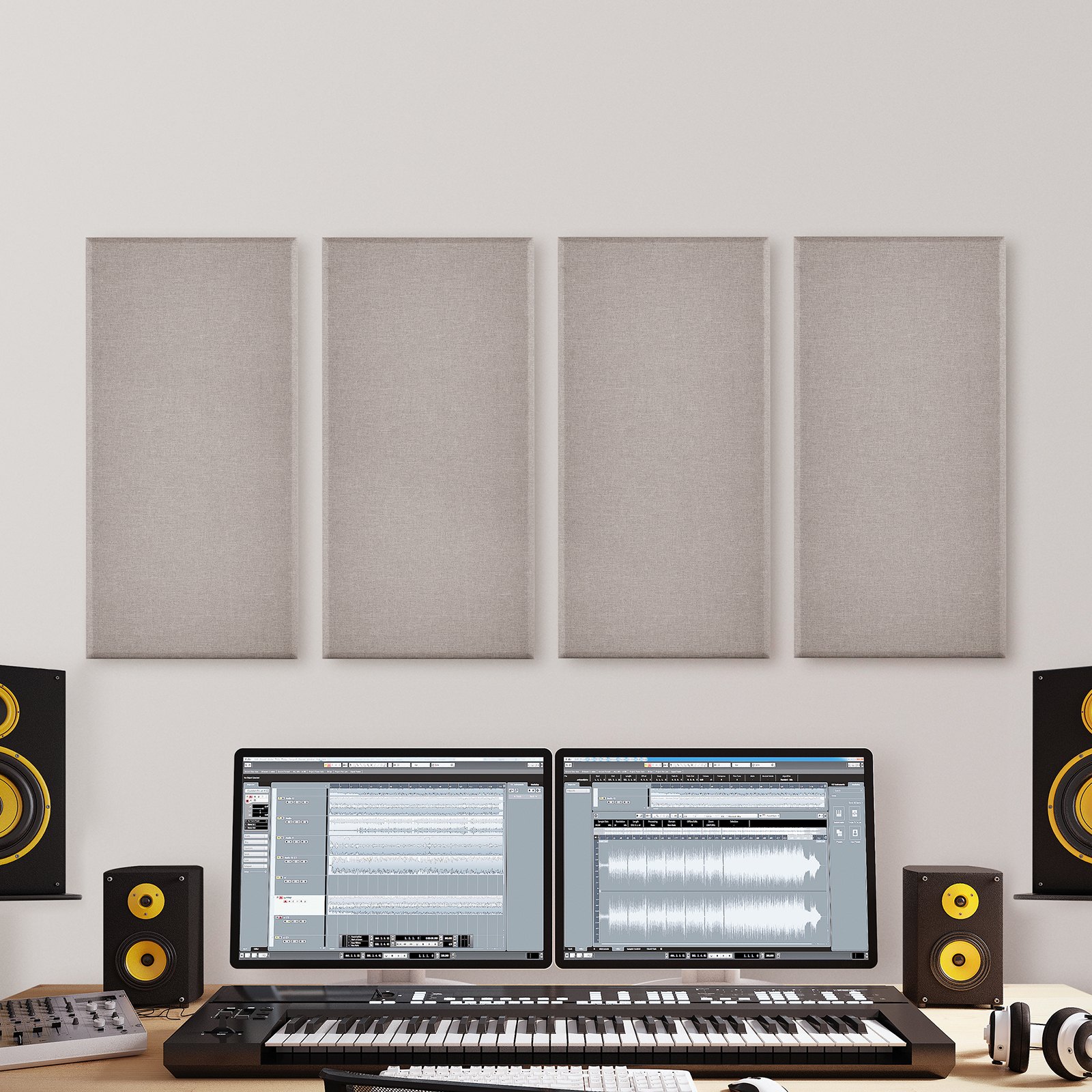 VEVOR 4 PCS Acoustic Panels, 5cm Thick 60 x 30 cm Fiberglass Sound Absorbing Panels, Self-adhesive Soundproof Wall Boards, for Studios, Office, Home Theater,Meeting Room, Camel