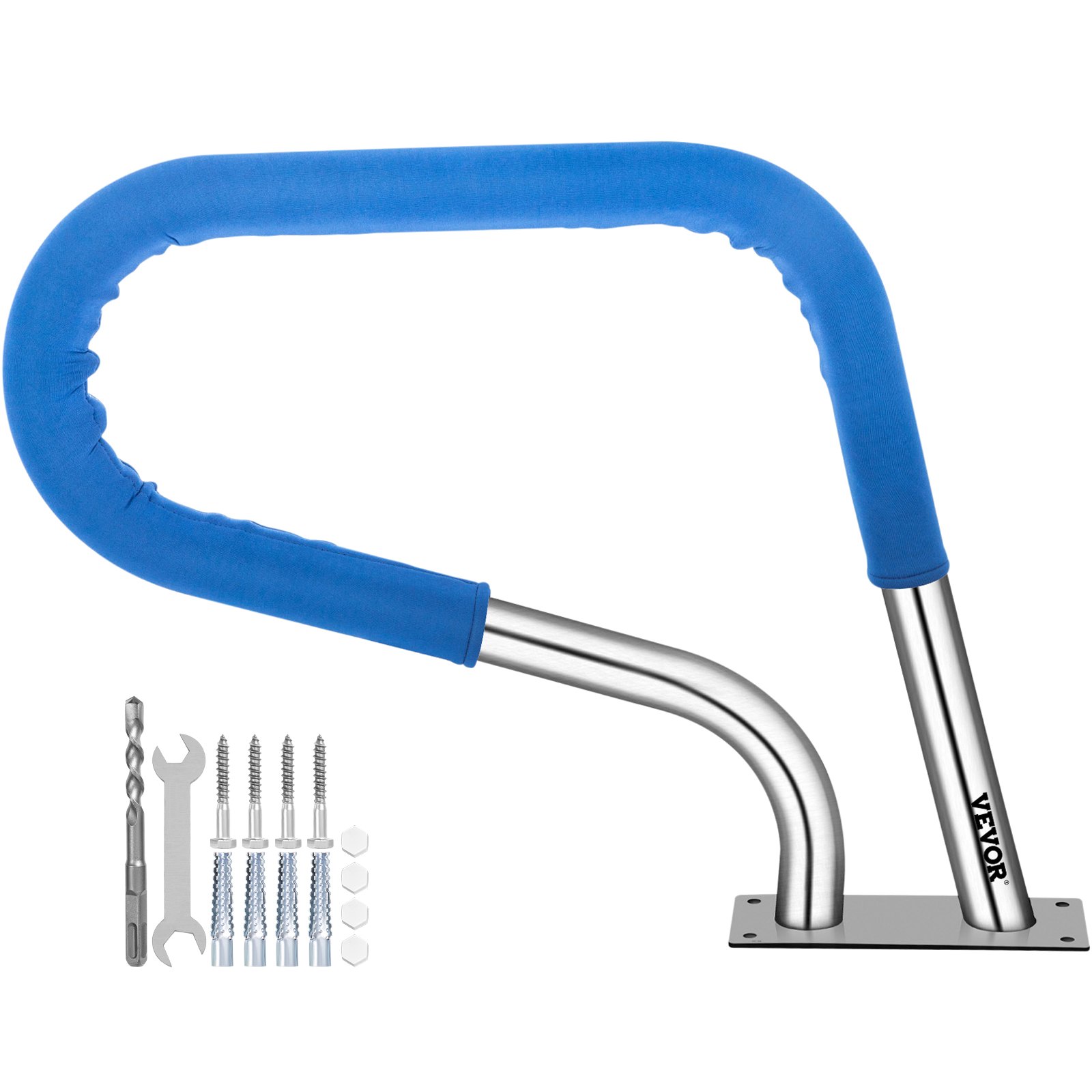 VEVOR medencekorlát 32x23"-os medencekorlát 304 rozsdamentes acélból, 250 font teherbírású, ezüst színű, rozsdamentes medencekorlát, humanizált úszómedence-korlát kék markolattal és M8 fúróval és öntapadó csavarokkal