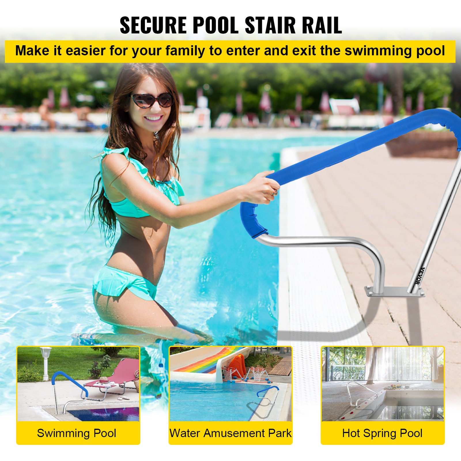 woman in turquoise swimsuit using VEVOR pool rail, pool surroundings in the background.