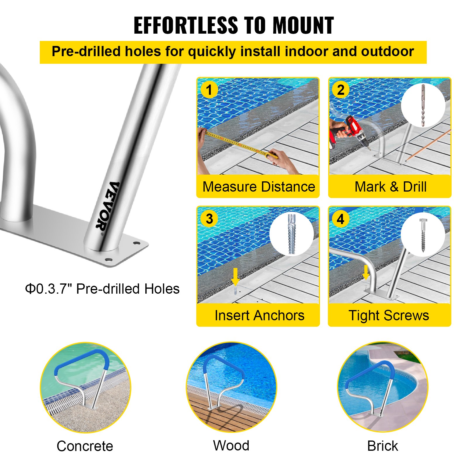 VEVOR pool rail installation steps: measure, mark &amp; drill, insert anchors, and tighten screws.