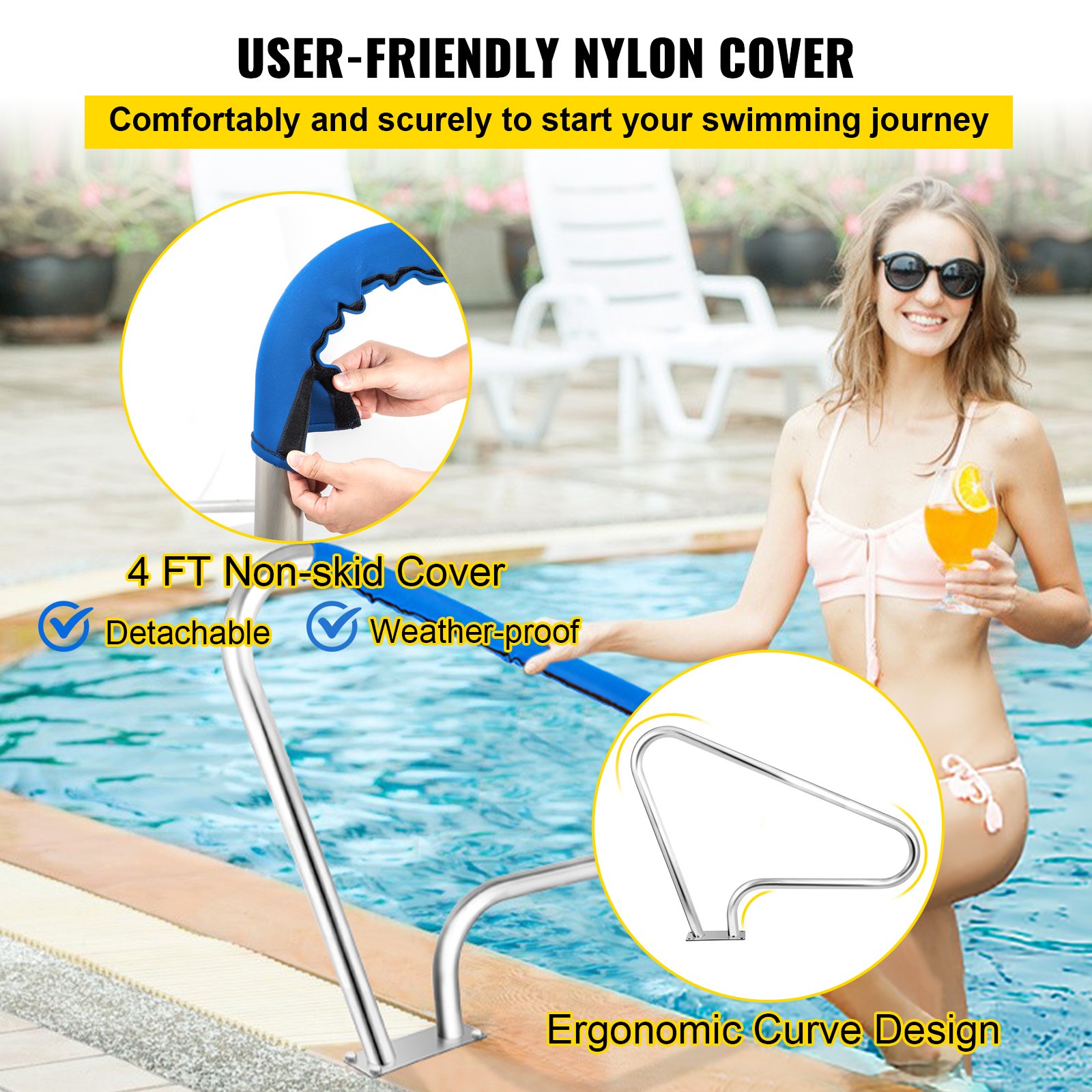 VEVOR pool rail with ergonomic curve, 4 ft non-skid cover, and weather-proof design.