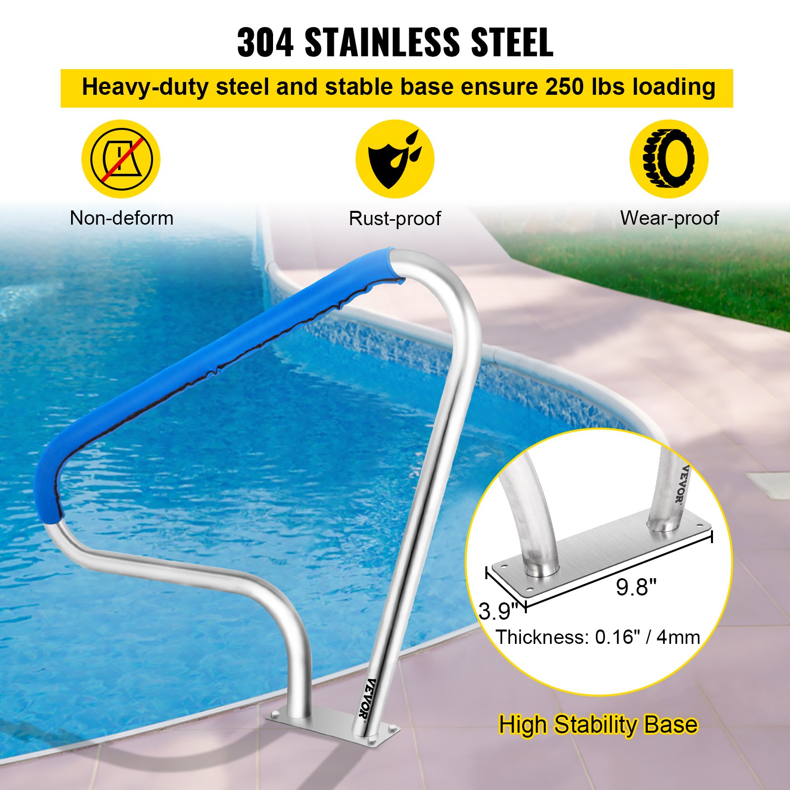 VEVOR pool rail made of 304 stainless steel with non-deform, rust-proof, and wear-proof features.