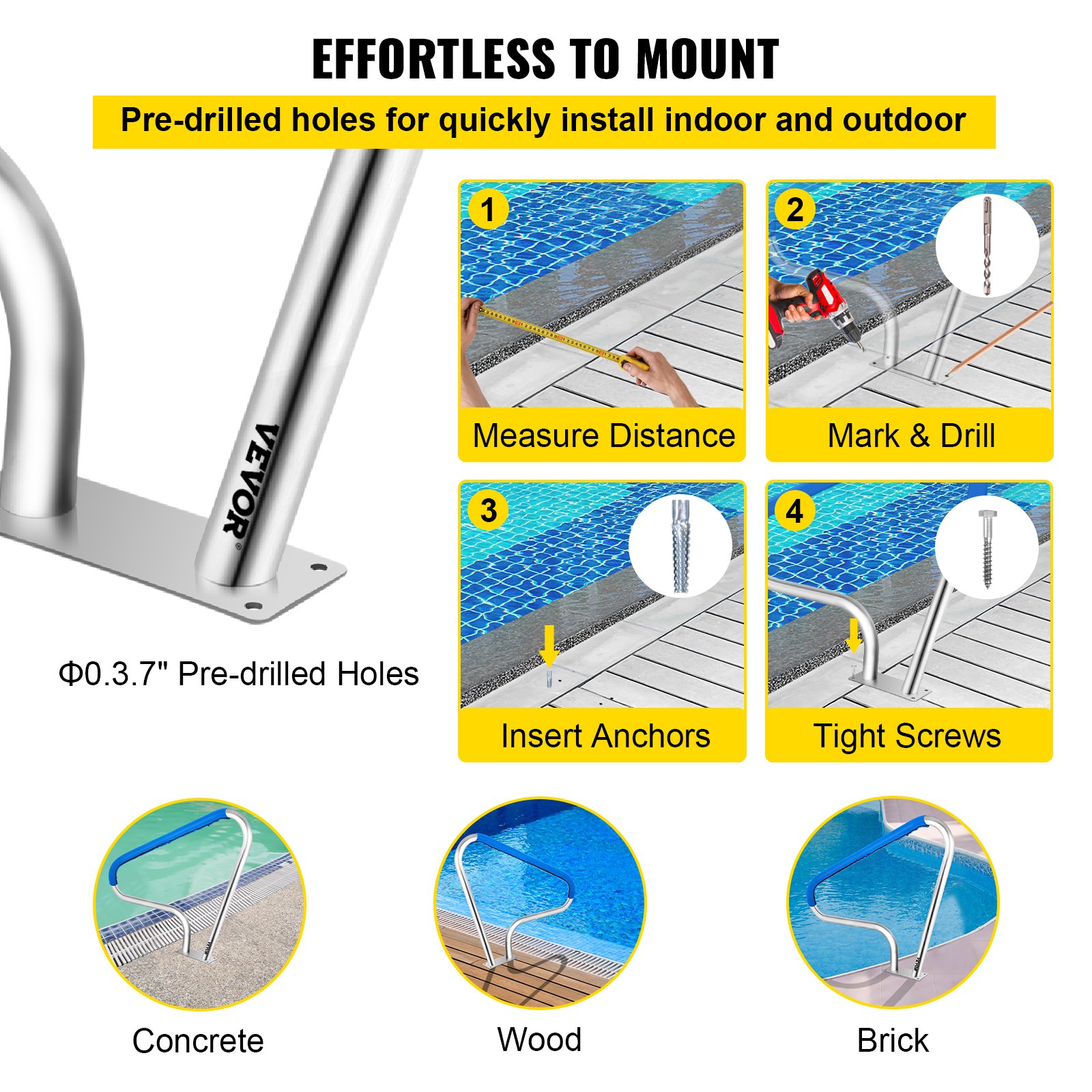 VEVOR pool rail installation process with pre-drilled holes on concrete, wood, or brick.