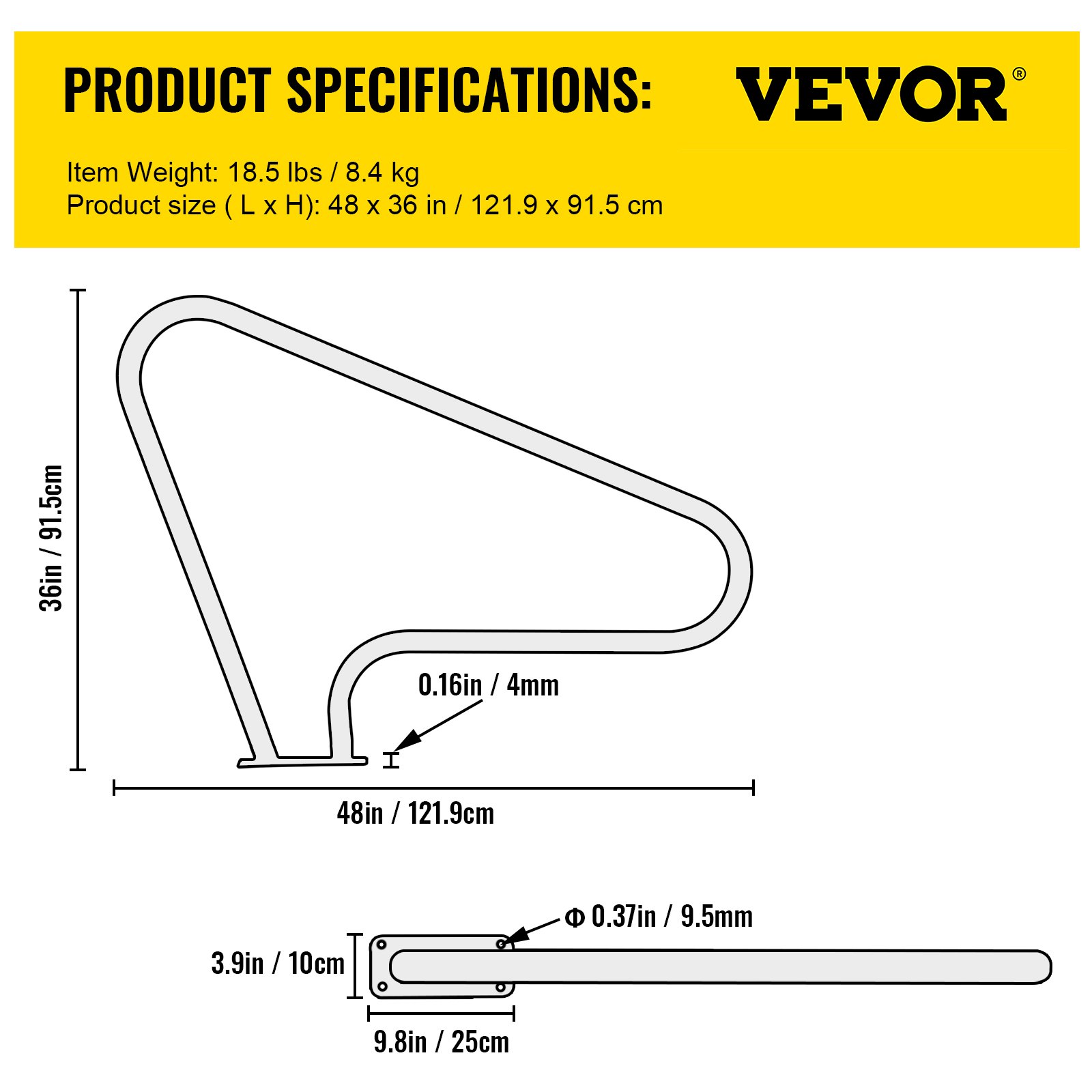 VEVOR pool rail, 48 x 36 inches, item weight 18.5 lbs, dimensions and product specifications displayed.
