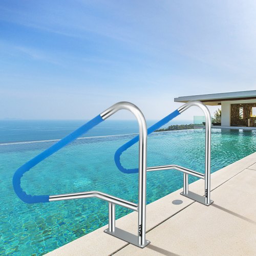 VEVOR Pool Rail 55x32" Pool Railing 304 Stainless Steel 250LBS Load Capacity Silver Rustproof Pool Handrail Humanized Swimming Pool Handrail with Blue Grip Cover & M8 Drill Bit & Self-taping Screws