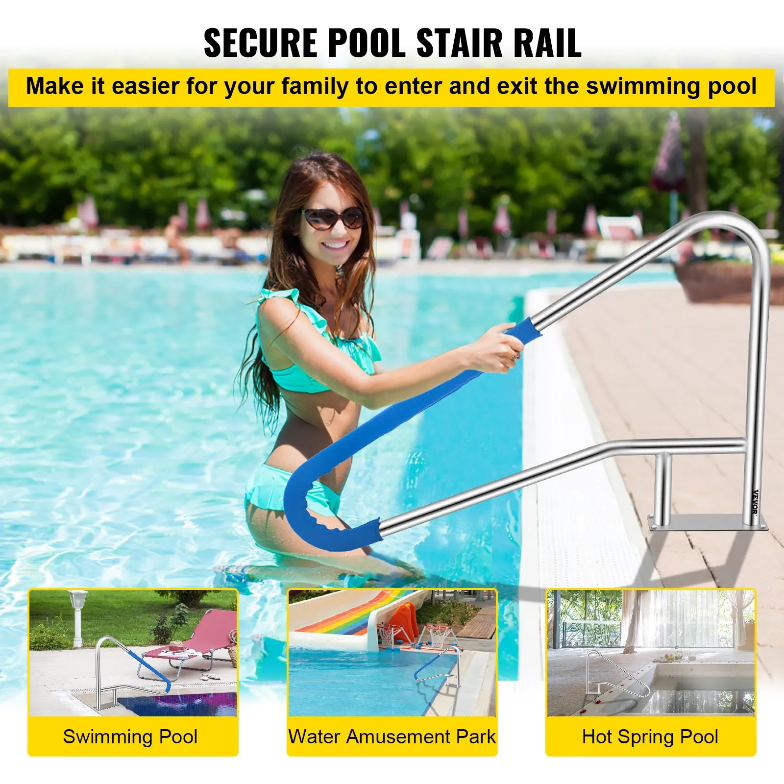 secure VEVOR pool rail in use at a swimming pool, highlighting ease of entry.