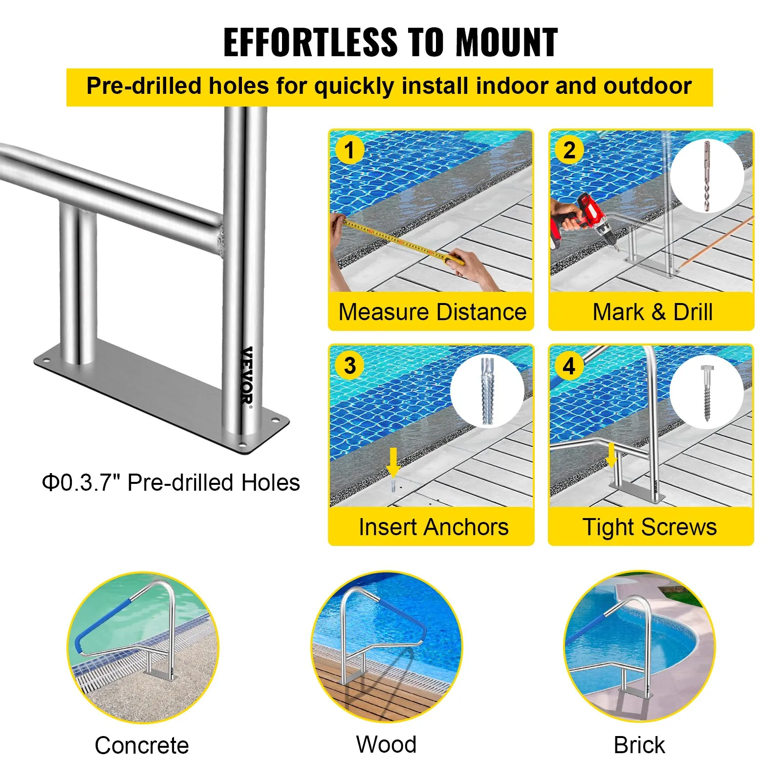 VEVOR pool rail installation steps: measure, drill, insert anchors, tighten screws.