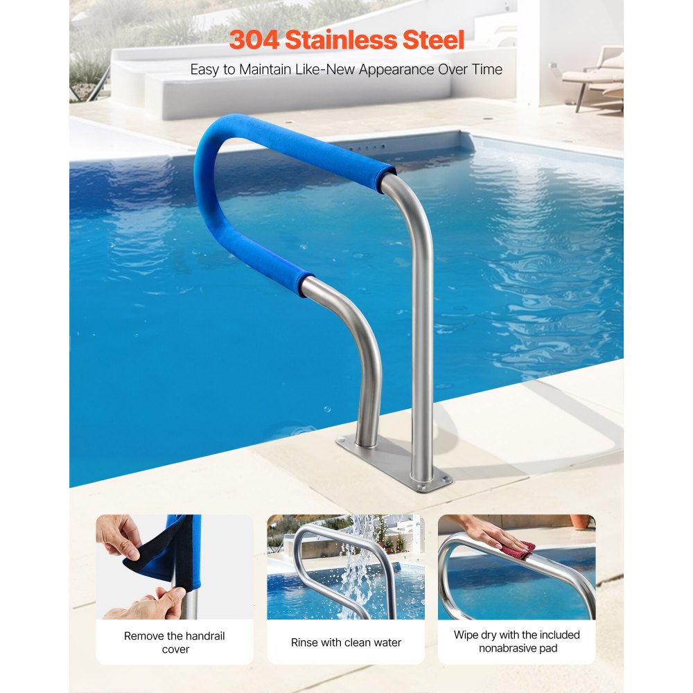 VEVOR Pool Rail, 78.8 x 55.8 cm Pool Handrail, 100kg Load Capacity Heavy Duty 304 Stainless Steel Swimming Handrail, Detachable Nonslip Sleeve, Rich Accessories, for Poolside, Water Parks， Spa Centers