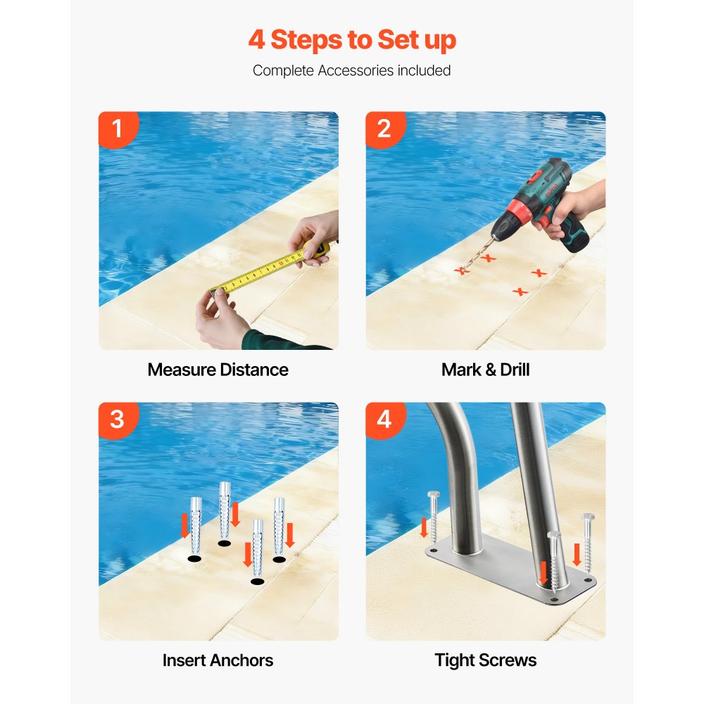 VEVOR Pool Rail, 78.8 x 55.8 cm Pool Handrail, 100kg Load Capacity Heavy Duty 304 Stainless Steel Swimming Handrail, Detachable Nonslip Sleeve, Rich Accessories, for Poolside, Water Parks， Spa Centers