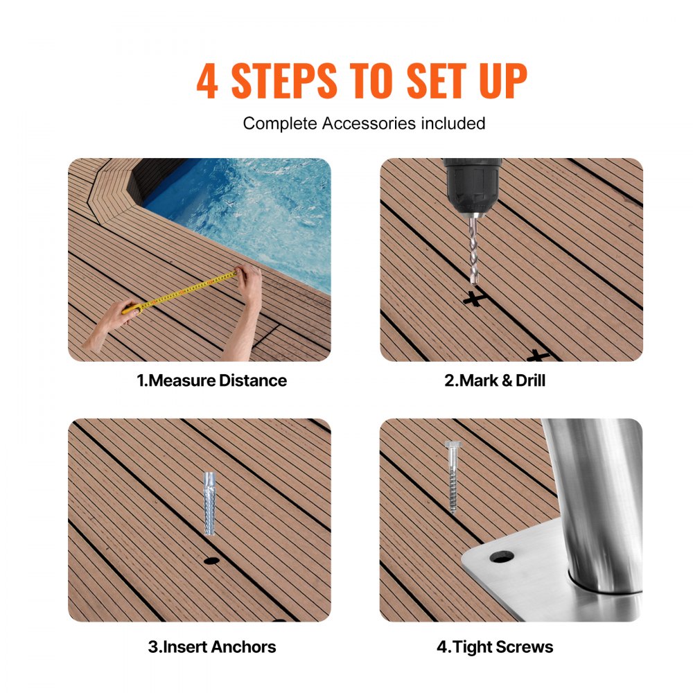 VEVOR Pool Handrail, 39 x 32 inch Pool Railing, Stainless Steel with Base Plate for Indoor/Outdoor Pools,Swimming Pool Safety Railing for Decks,Rust-Proof Grab Bar w/ Grip Cover&Accessories for Spas