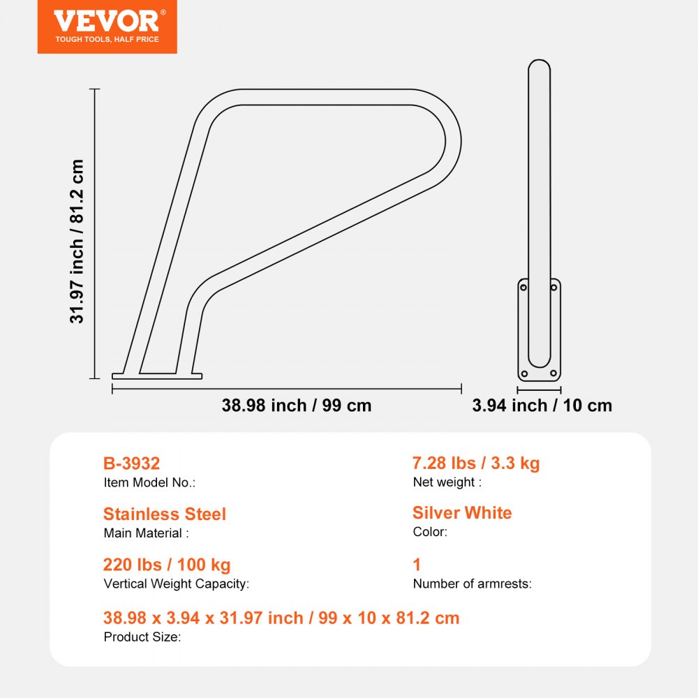 VEVOR Pool Handrail, 39 x 32 inch Pool Railing, Stainless Steel with Base Plate for Indoor/Outdoor Pools,Swimming Pool Safety Railing for Decks,Rust-Proof Grab Bar w/ Grip Cover&Accessories for Spas