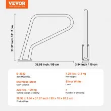 VEVOR Pool Handrail 39 x 32 inch Stainless Steel with Base Plate for Spas
