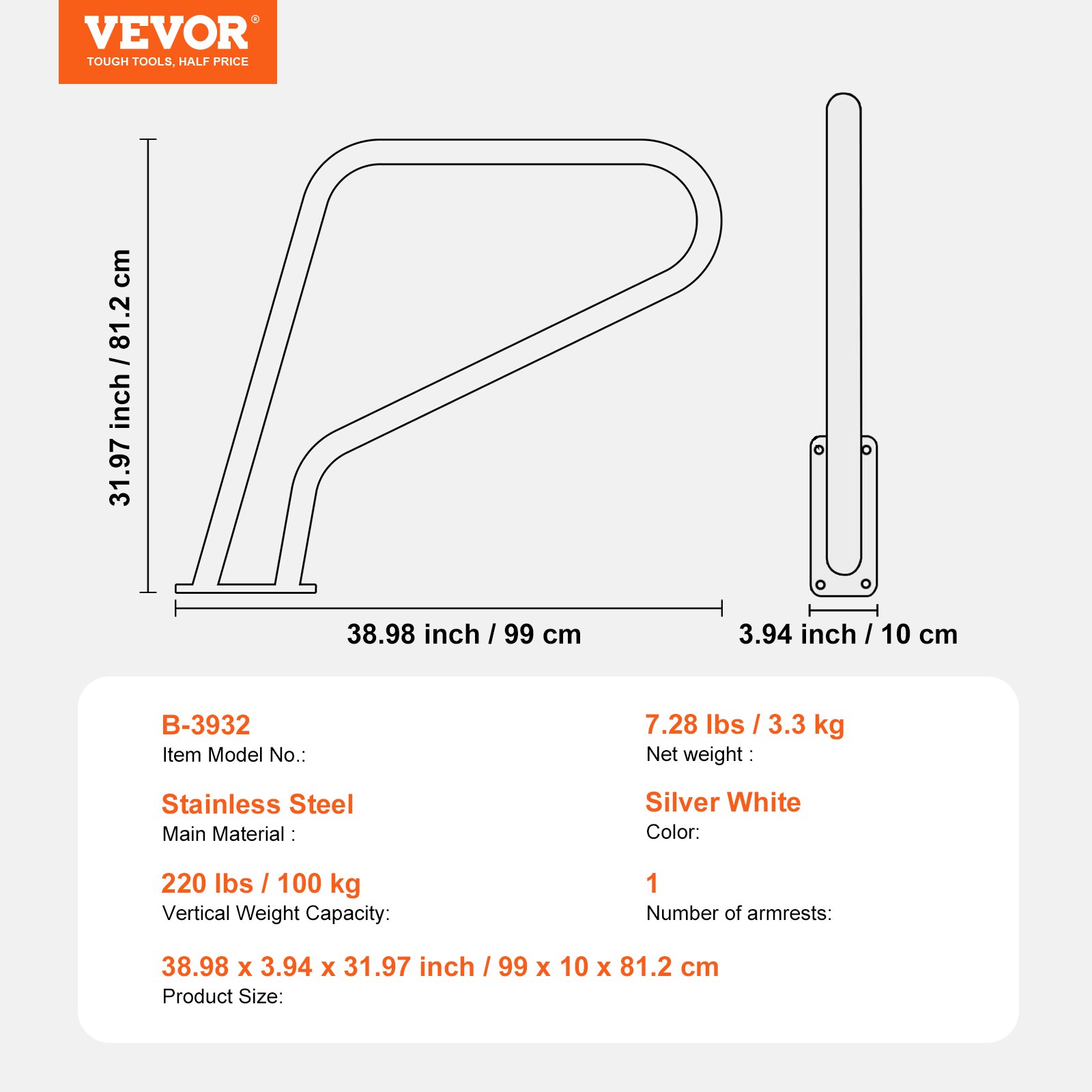 VEVOR Pool Handrail, 39 x 32 inch Pool Railing, Stainless Steel with Base Plate for Indoor/Outdoor Pools,Swimming Pool Safety Railing for Decks,Rust-Proof Grab Bar w/ Grip Cover&Accessories for Spas