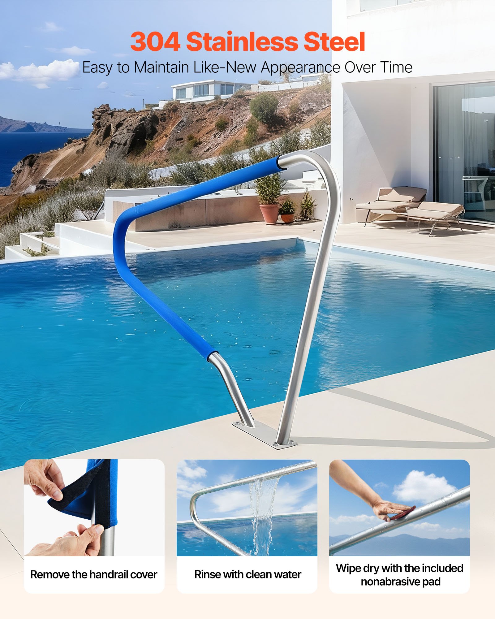 VEVOR Pool Rail, 122 x 91.5 cm Pool Handrail, 100kg Load Capacity Heavy Duty 304 Stainless Steel Swimming Handrail, Detachable Nonslip Sleeve, Rich Accessories, for Poolside, Water Parks, Spa Centers