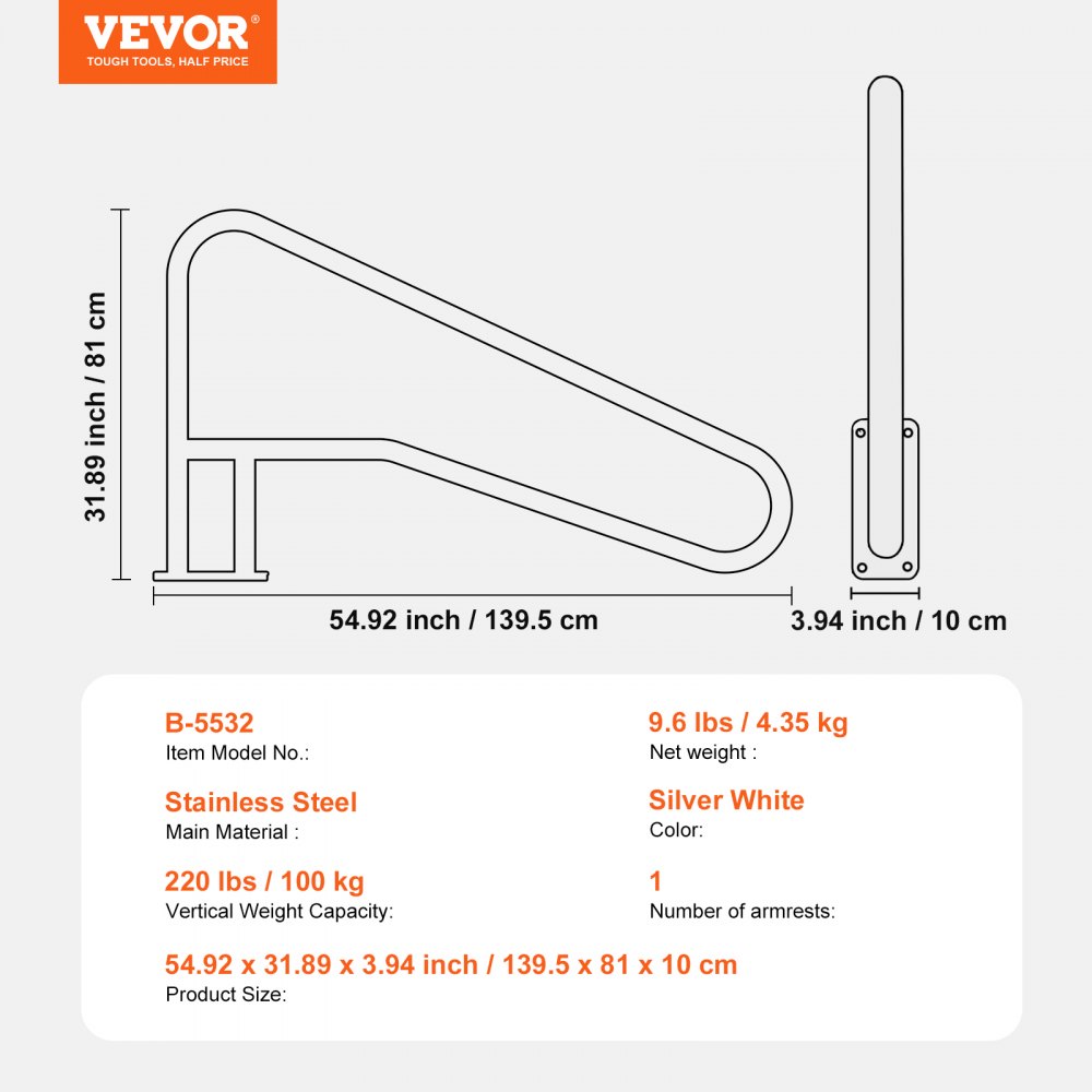 VEVOR Pool Handrail, 139.5 x 81 cm Pool Railing, Stainless Steel with Base Plate for Indoor/Outdoor Pools,Swimming Pool Safety Railing for Decks,Rust-Proof Grab Bar w/ Grip Cover&Accessories for Spas