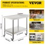 VEVOR Stainless Steel Work Prep Table Kitchen Work Table 24x15in w/ 4 Casters