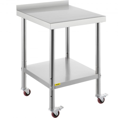 VEVOR Stainless Steel Prep Table, 24 x 24 x 35 Inch, 440lbs Load Capacity Heavy Duty Metal Worktable with Backsplash Adjustable Undershelf & 4 Casters, Commercial Workstation for Kitchen Restaurant