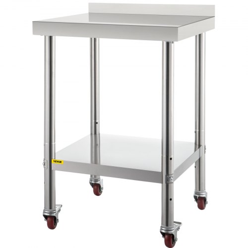VEVOR Stainless Steel Prep Table, 24 x 24 x 35 Inch, 440lbs Load Capacity Heavy Duty Metal Worktable with Backsplash Adjustable Undershelf & 4 Casters, Commercial Workstation for Kitchen Restaurant
