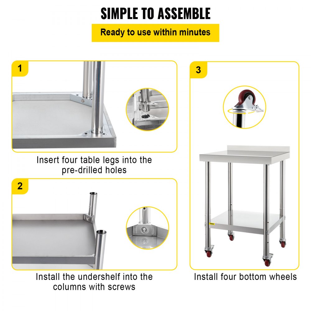 VEVOR Stainless Steel Prep Table, 24 x 24 x 35 Inch, 440lbs Load Capacity Heavy Duty Metal Worktable with Backsplash Adjustable Undershelf & 4 Casters, Commercial Workstation for Kitchen Restaurant