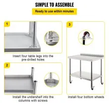 VEVOR Stainless Steel Work Prep Table Kitchen Work Table 30x24in w/ 4 Casters