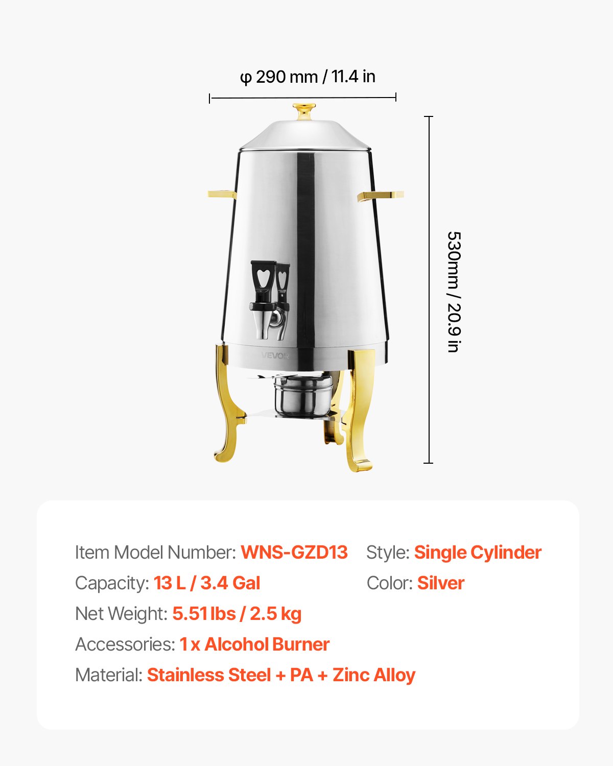 VEVOR Stainless Steel Beverage Dispenser, 13L Drink Dispenser  with Alcohol Burner, Hot & Cold Drink Dispensers with Spigot for Coffee Tea Hot Water, Ideal for Restaurants, Hotels, Parties