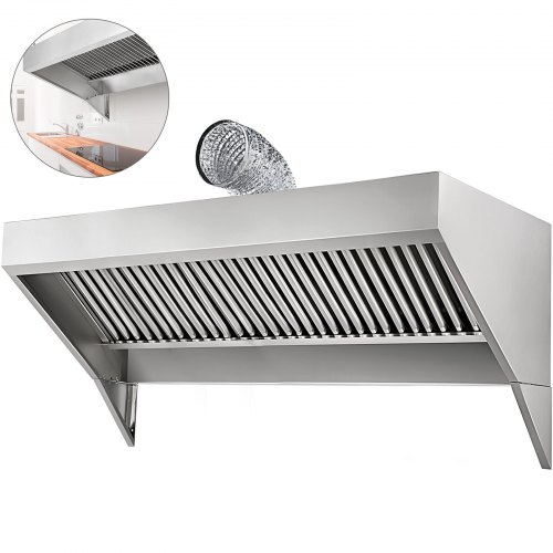 VEVOR Concession Hood Exhaust, 7FT Long Food Truck Hood Exhaust, 7-Foot X 30-Inch Stainless Steel Concession Hood Vent Sliver Food Truck Vent, Includes Baffle Hood Filter, Grease Groove, Fume Pipe