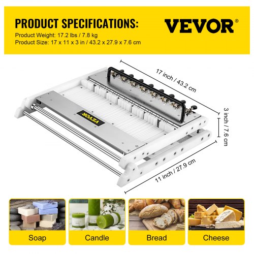 VEVOR Soap Cutter, Cuts 1-15 Bars, 0.8/1/1.2 inch Adjustable Width Slicer with Size Scale, Stainless Steel Multi Handmade Soap Wire Cutting Machine for Candles Trimming Cheese Butter DIY Making Tool