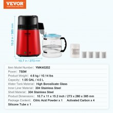 VEVOR Water Distiller, 4L 1.05 Gallon Pure Water Purifier Filter For Home Countertop, 750W Distilled Water Maker, Stainless Steel Interior Distiller Water Making Machine to Make Clean Water, Red