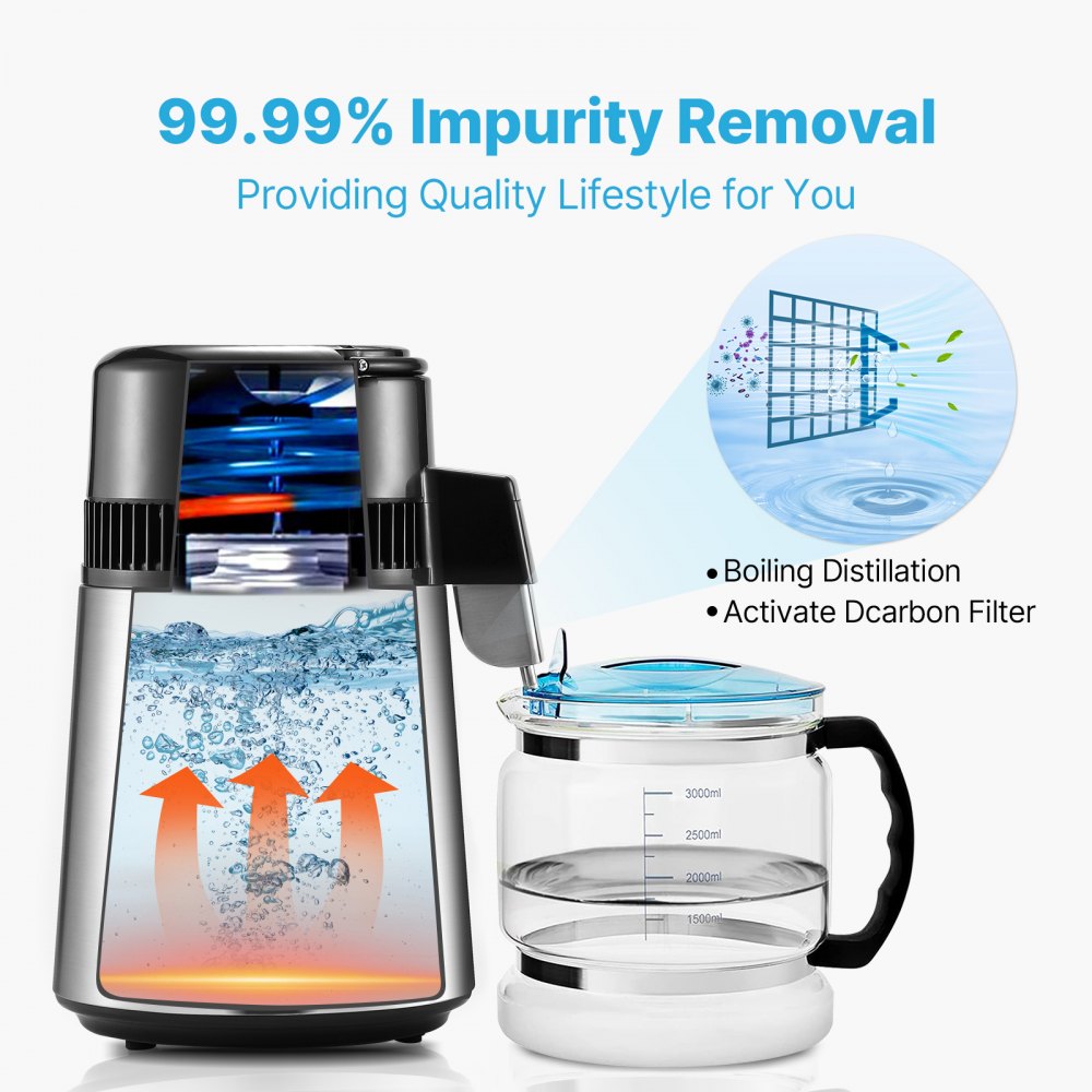 VEVOR Water Distiller, 4L 1.05 Gallon Pure Water Purifier Filter For Home Countertop, 750W Distilled Water Maker, Stainless Steel Interior Distiller Water Making Machine to Make Clean Water, Silvery