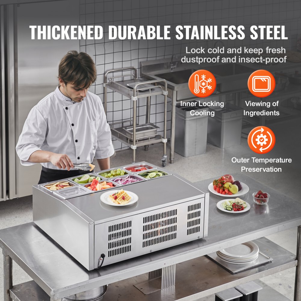 VEVOR Refrigerated Condiment Prep Station, 145 W Countertop Refrigerated Condiment Station, with 8 1/6 Pans, 304 Stainless Body and PC Lid, Sandwich Prep Table with Stainless Steel Guard, CE