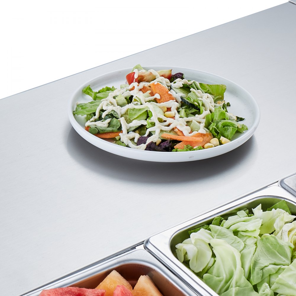 VEVOR Refrigerated Condiment Prep Station, 145 W Countertop Refrigerated Condiment Station, with 8 1/6 Pans, 304 Stainless Body and PC Lid, Sandwich Prep Table with Stainless Steel Guard, CE