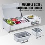 VEVOR refrigerated condiment prep station with multiple pans and a selection of fresh vegetables.