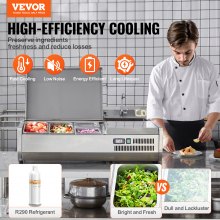 VEVOR Refrigerated Condiment Prep Station, 130 W Countertop Refrigerated Condiment Station, with 1 1/3 Pan & 4 1/6 Pans, 304 Stainless Body and PC Lid, Sandwich Prep Table with Stainless Guard, ETL
