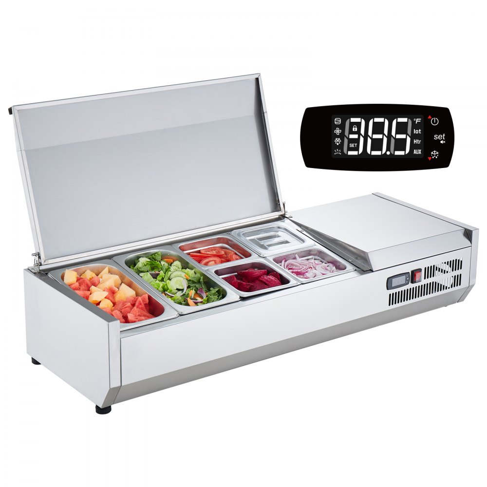 VEVOR refrigerated condiment prep station with digital display and assorted fresh ingredients