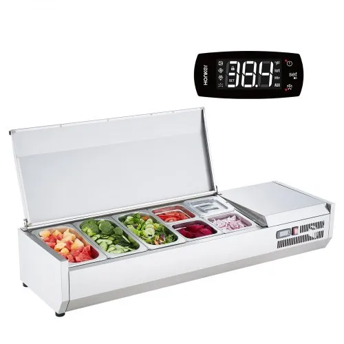 VEVOR Refrigerated Condiment Prep Station, 140 W Countertop Refrigerated Condiment Station, with 3 1/3 Pans & 4 1/6 Pans, 304 Stainless Body and PC Lid, Sandwich Prep Table with Stainless Guard, ETL