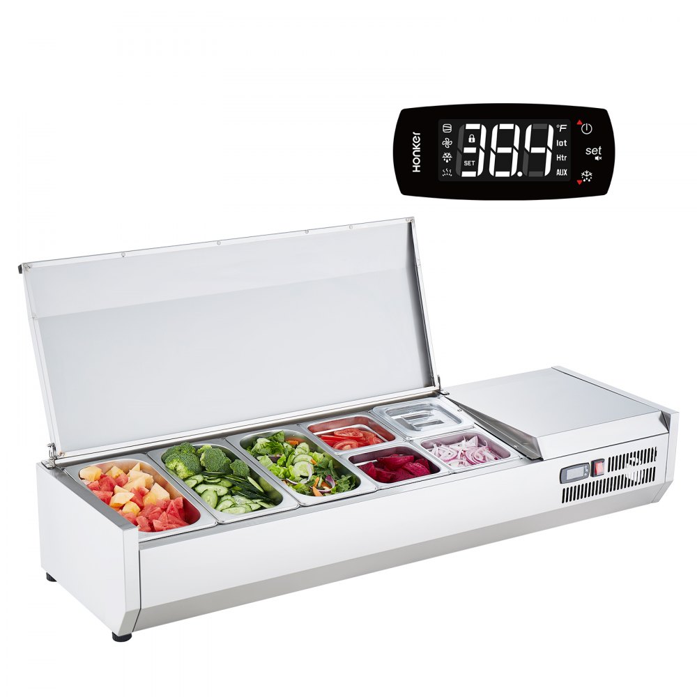 VEVOR refrigerated condiment station with vegetable trays and digital display.