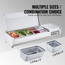 VEVOR Refrigerated Condiment Prep Station, 140 W Countertop Refrigerated Condiment Station, with 3 1/3 Pans & 4 1/6 Pans, 304 Stainless Body and PC Lid, Sandwich Prep Table with Stainless Guard, ETL