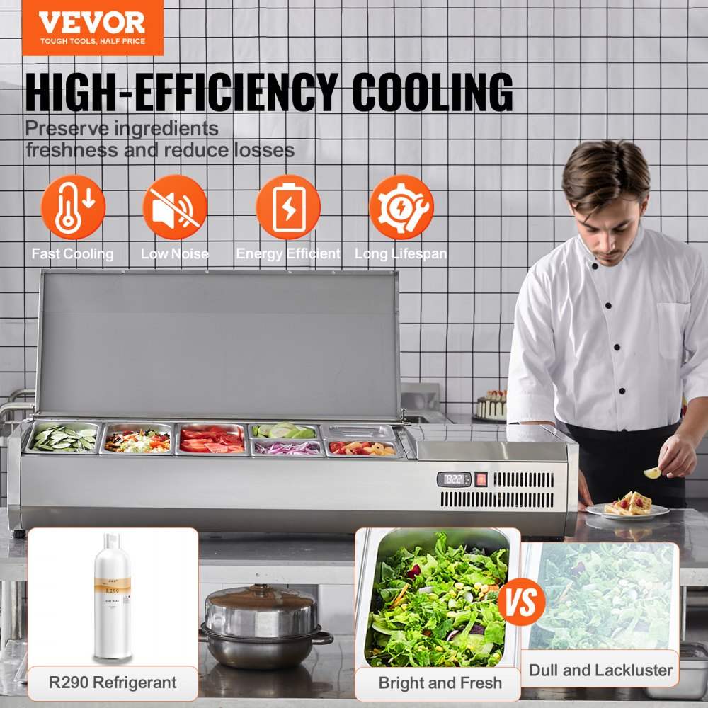 VEVOR Refrigerated Condiment Prep Station, 150 W Countertop Refrigerated Condiment Station, with 3 1/3 Pans & 4 1/6 Pans, 304 Stainless Body and PC Lid, Sandwich Prep Table with Stainless Guard, CE