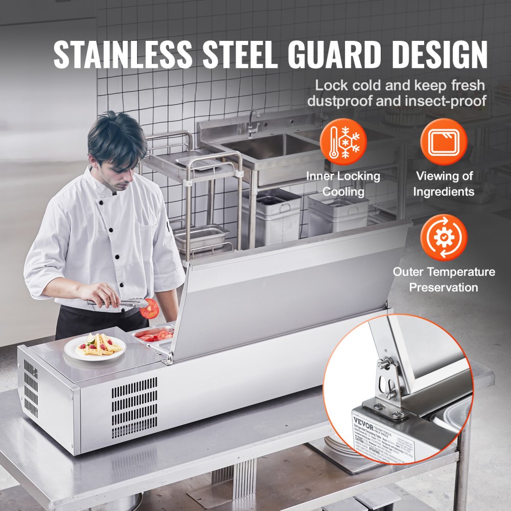 VEVOR Refrigerated Condiment Prep Station, 150 W Countertop Refrigerated Condiment Station, with 3 1/3 Pans & 4 1/6 Pans, 304 Stainless Body and PC Lid, Sandwich Prep Table with Stainless Guard, CE