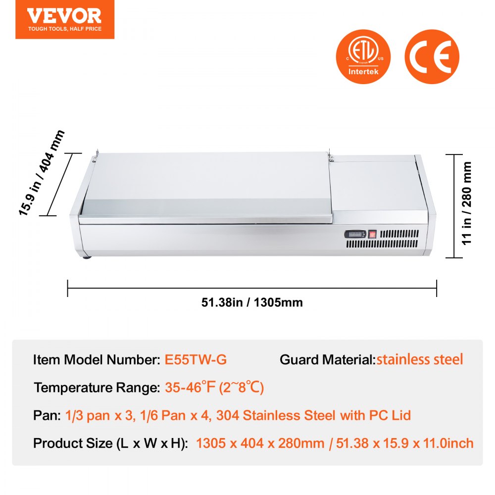 VEVOR Refrigerated Condiment Prep Station, 150 W Countertop Refrigerated Condiment Station, with 3 1/3 Pans & 4 1/6 Pans, 304 Stainless Body and PC Lid, Sandwich Prep Table with Stainless Guard, CE