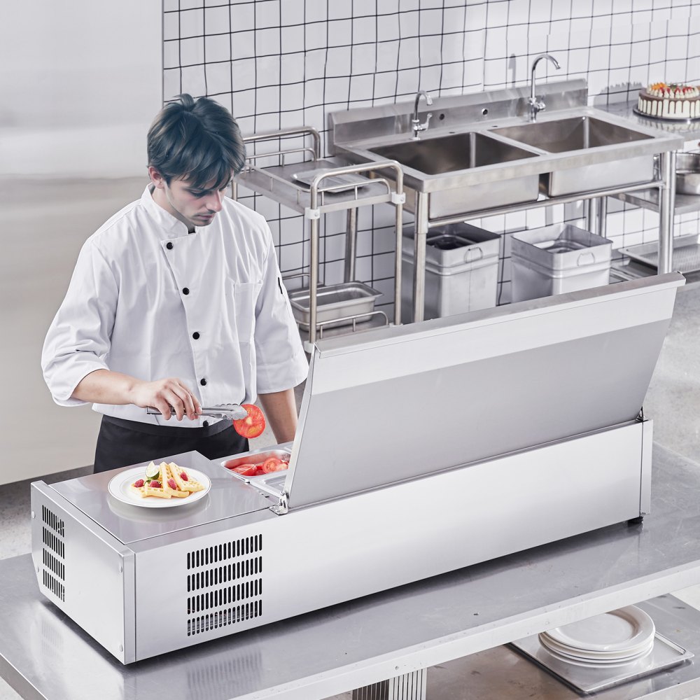 VEVOR Refrigerated Condiment Prep Station, 150 W Countertop Refrigerated Condiment Station, with 3 1/3 Pans & 4 1/6 Pans, 304 Stainless Body and PC Lid, Sandwich Prep Table with Stainless Guard, CE