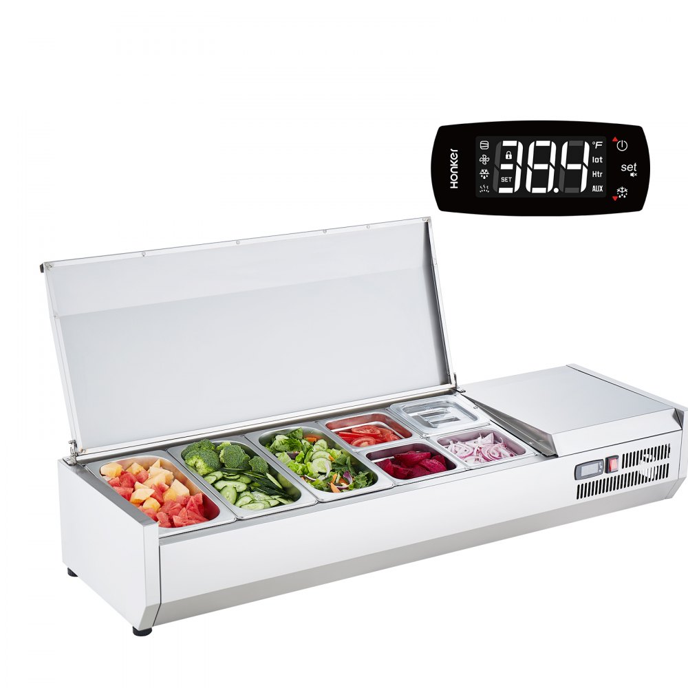VEVOR Refrigerated Condiment Prep Station, 150 W Countertop Refrigerated Condiment Station, with 3 1/3 Pans & 4 1/6 Pans, 304 Stainless Body and PC Lid, Sandwich Prep Table with Stainless Guard, CE