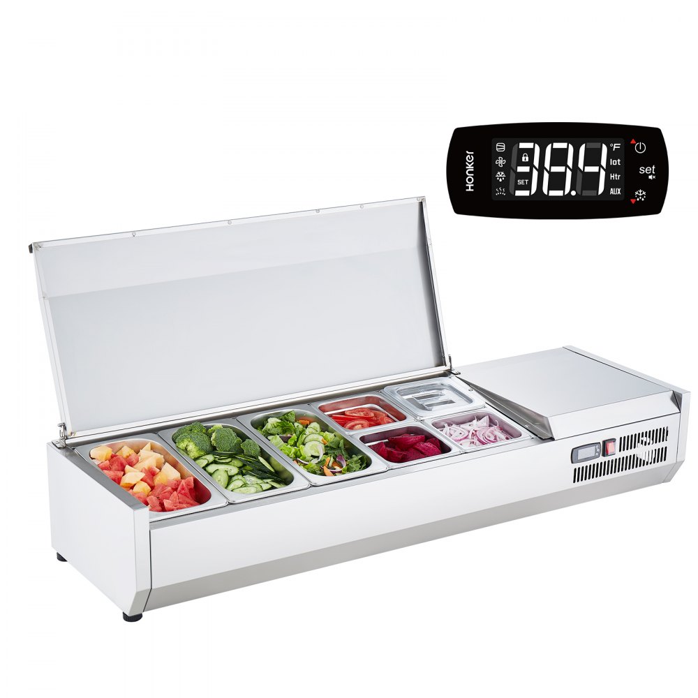 VEVOR Refrigerated Condiment Prep Station, 150 W Countertop Refrigerated Condiment Station, with 3 1/3 Pans & 4 1/6 Pans, 304 Stainless Body and PC Lid, Sandwich Prep Table with Stainless Guard, CE