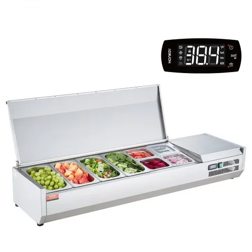 VEVOR Refrigerated Condiment Prep Station, 150 W Countertop Refrigerated Condiment Station, with 4 1/3 Pans & 4 1/6 Pans, 304 Stainless Body and PC Lid, Sandwich Prep Table with Stainless Guard, ETL