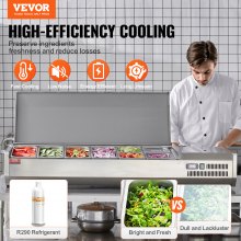 VEVOR Refrigerated Condiment Prep Station, 150 W Countertop Refrigerated Condiment Station, with 4 1/3 Pans & 4 1/6 Pans, 304 Stainless Body and PC Lid, Sandwich Prep Table with Stainless Guard, ETL