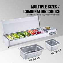 VEVOR Refrigerated Condiment Prep Station, 160 W Countertop Refrigerated Condiment Station, with 5 1/3 Pans & 4 1/6 Pans, 304 Stainless Body and PC Lid, Sandwich Prep Table with Stainless Guard, ETL