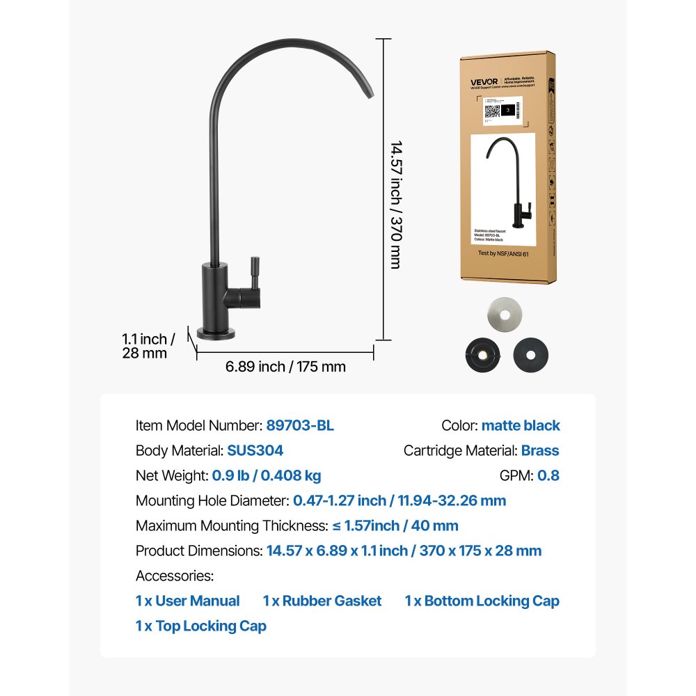 VEVOR Stainless Steel Faucet, Lead-Free Water Purifier Faucets, Reverse Osmosis Faucet with Solid Brass Valve, High Arch Drinking Water Faucets For Kitchen Sink, Bar Counter, Cafe Shop, Matte Black