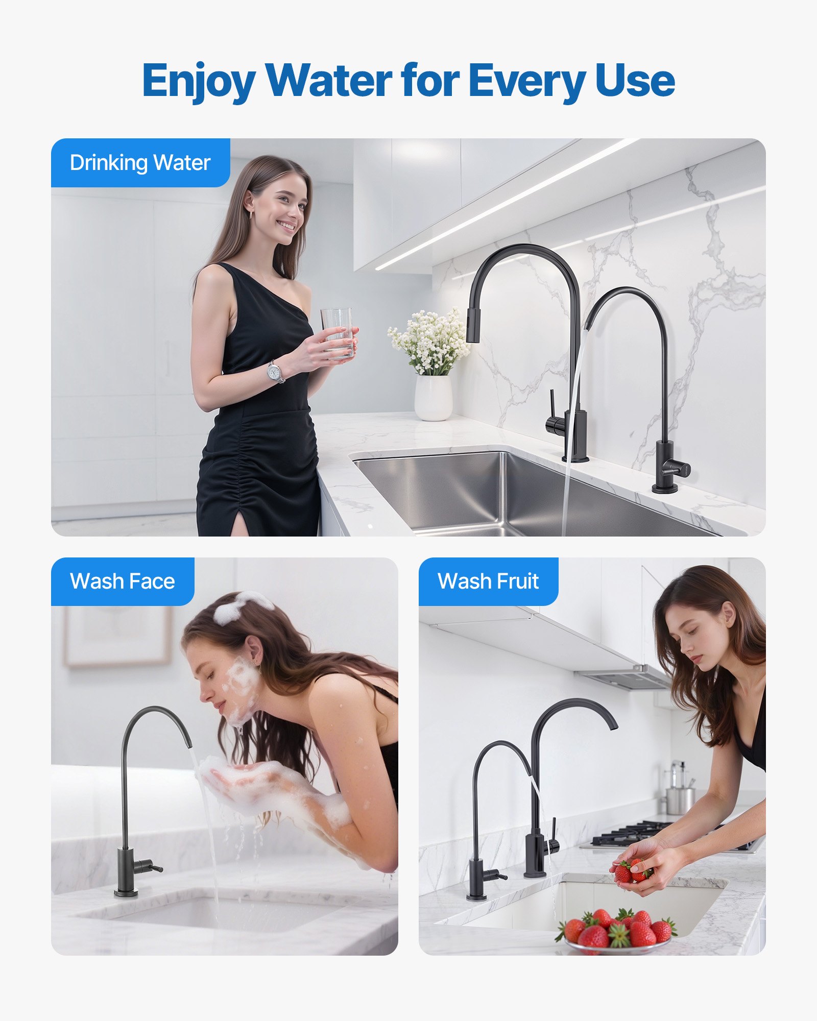 VEVOR Stainless Steel Faucet, Lead-Free Water Purifier Faucets, Reverse Osmosis Faucet with Solid Brass Valve, High Arch Drinking Water Faucets For Kitchen Sink, Bar Counter, Cafe Shop, Matte Black