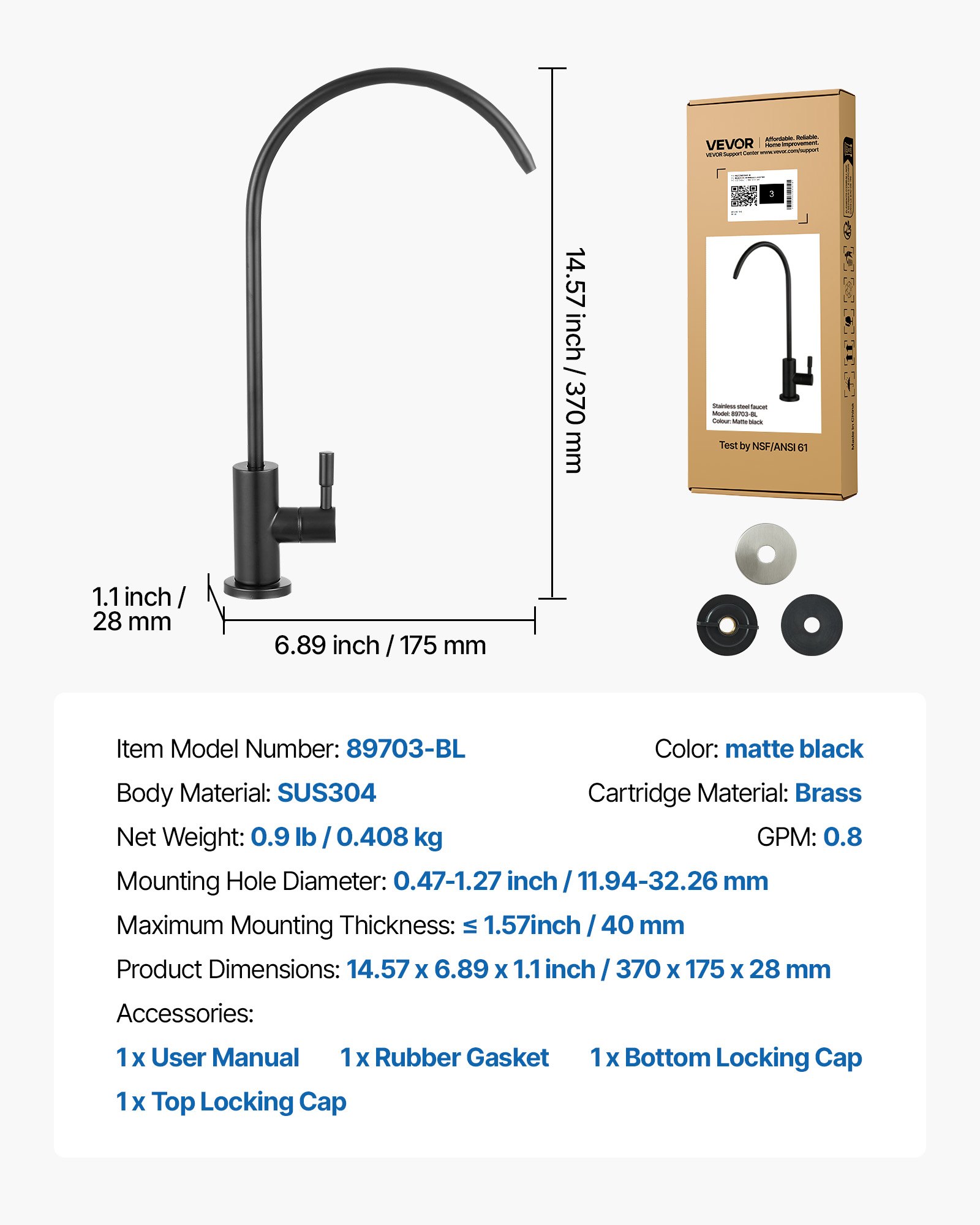 VEVOR Stainless Steel Faucet, Lead-Free Water Purifier Faucets, Reverse Osmosis Faucet with Solid Brass Valve, High Arch Drinking Water Faucets For Kitchen Sink, Bar Counter, Cafe Shop, Matte Black