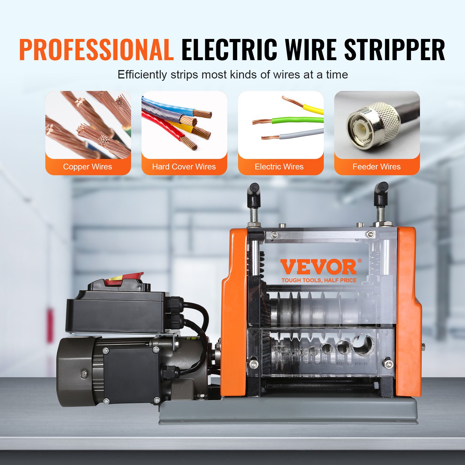 VEVOR Automatic Wire Stripping Machine, 1.5mm-25mm Electric Motorized Cable Stripper, 60 W, Wire Peeler with Visible Stripping Depth Reference, 6 Round & 1 Flat Channels for Scrap Copper Recycling